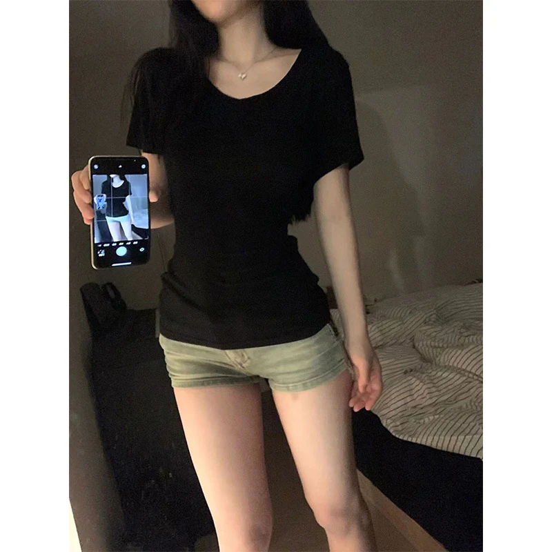 deanwangkt American Hot Girl V-neck Black Short-Sleeved T-shirt Women's Summer Pure Cotton Shoulder Tight-Fit Slim-Fit Figure Flattering Inner Bottoming Top - Deanwangkt