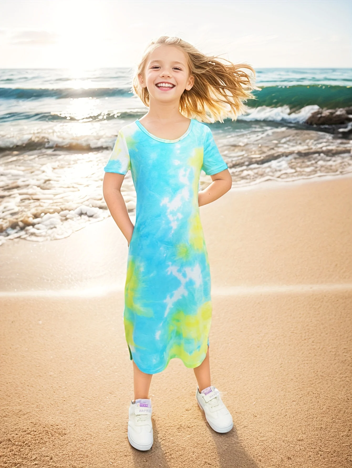 Vibrant Tie Dye Short Sleeve Slim Midi Dress for Girls - Casual, Comfortable, and Stylish Holiday Wear - Perfect Summer Gift for Tweens and Teenagers - Deanwangkt