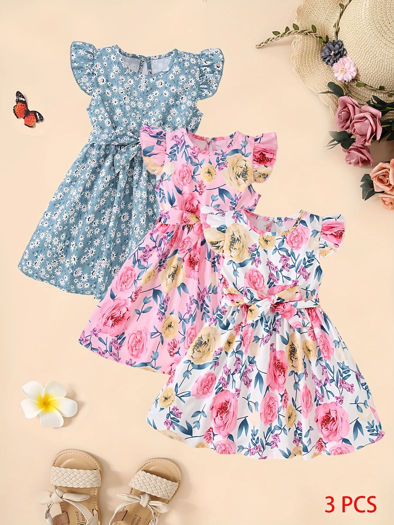 3pcs Little Princess Butterfly Floral Ruffle Trim Dresses - Adorable Belted Casual Summer Dresses for Girls - Polyester Non-Stretch Fabric, A-Line Fit, Perfect for Holiday Gift Party - Deanwangkt