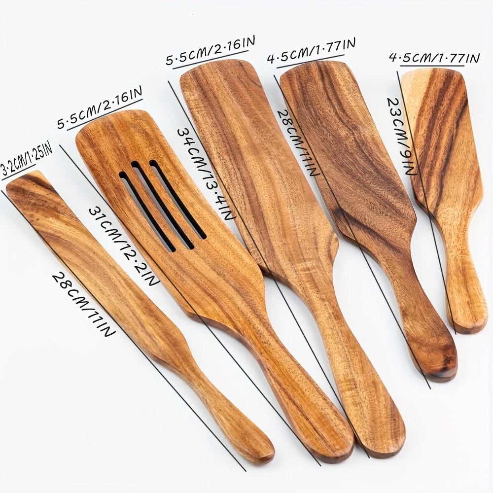 5-Piece Natural Acacia Wood Cookware Set - Premium Quality Cooking Essentials for Healthy Meals - Includes Spatula, Salad Hand, Mixer, and Spurtles for Effortless Food Preparation and Serving - Deanwangkt