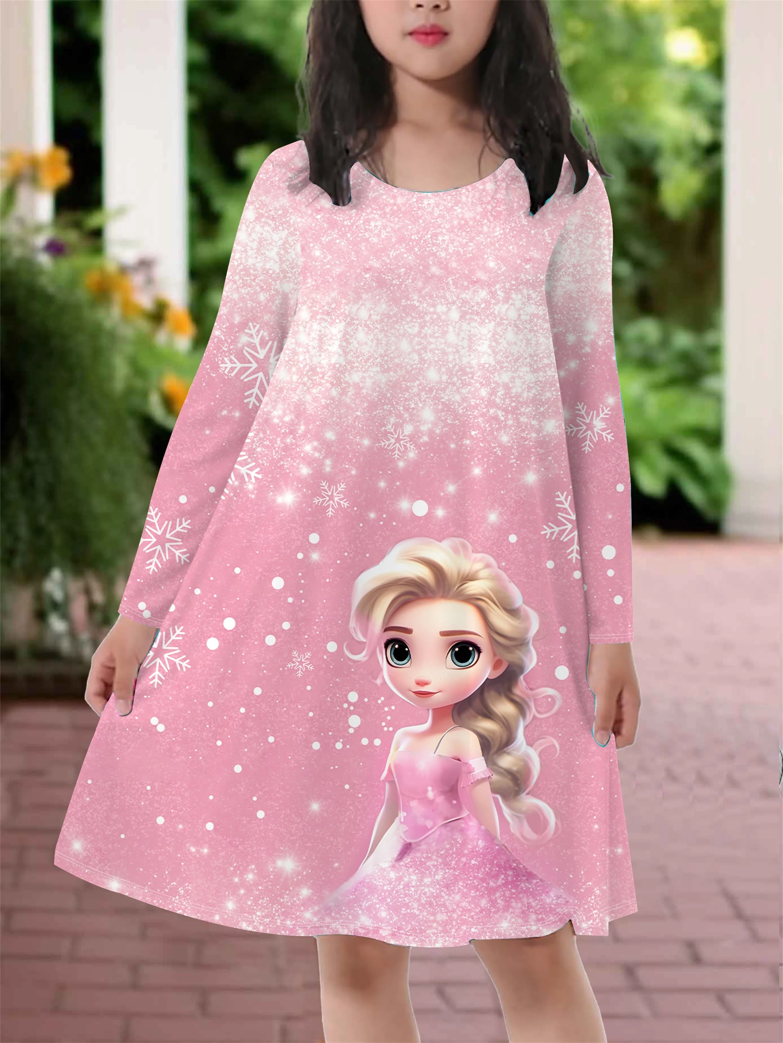 Girls' Long Sleeve Christmas Dress, 3D Princess Print, Knit Fabric, Polyester, Regular Fit, Casual Style, Autumn/Winter, Stretchy, Cartoon Pattern, Kids Fashion - Deanwangkt