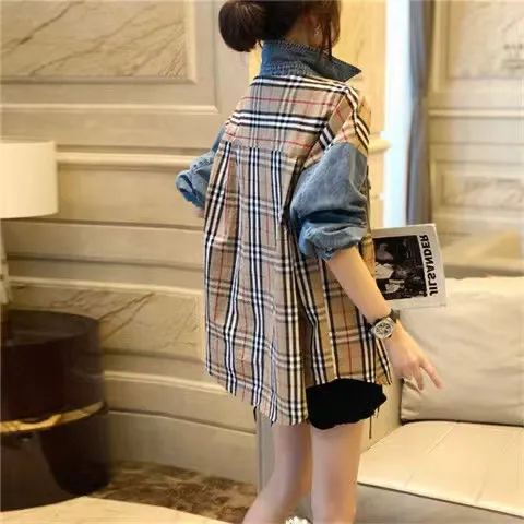 Autumn womens shirts designer blouse fashion plaid Splicing denim jacket long-sleeved shirts cardigan coat plus size - Deanwangkt