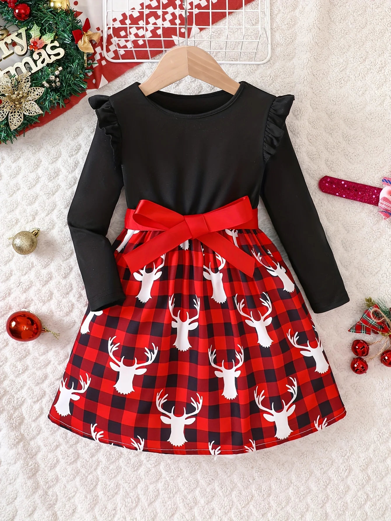 Girls Splicing Flutter Trim Long Sleeve Gingerbread Man Graphic Dress Kids Clothes Spring Fall Christmas Gift - Deanwangkt