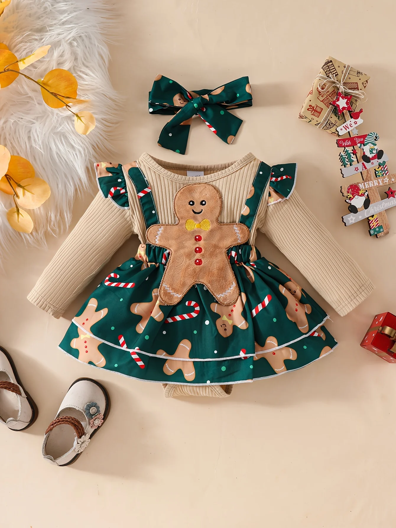Baby's Christmas Element Patchwork Faux Two-piece Ribbed Long Sleeve Romper Dress + Hairband, Infant & Toddler Girl's Dress For Daily Wear/Holiday/Party, As Gift - Deanwangkt