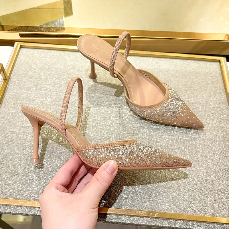 DEANWANGK  Mesh Fashion Elegant Slingback Muller High Heels Pumps  Summer Hollow Women's Sandals Rhinestone Two-Way Fashion Shoes - Deanwangkt