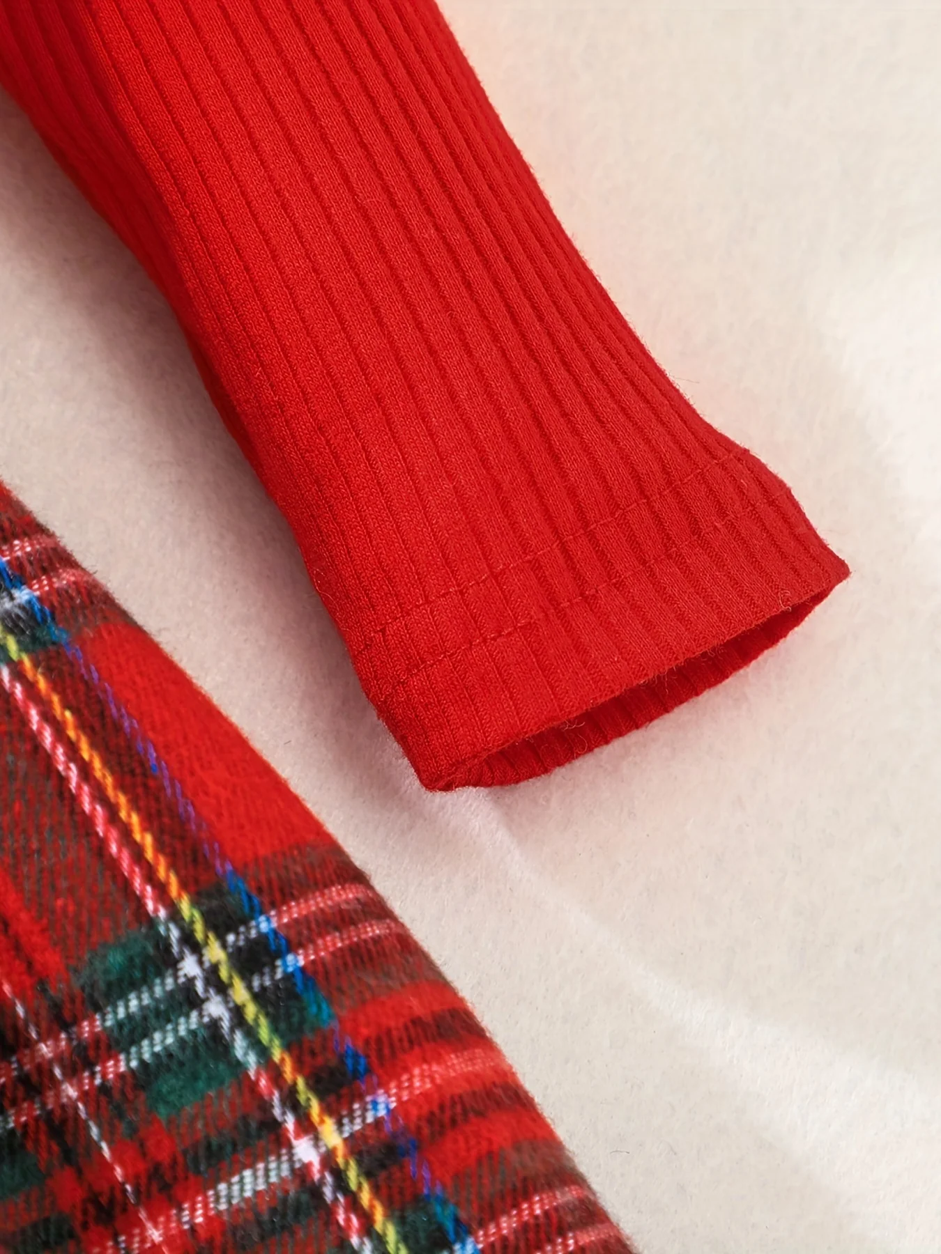 Girls 2pcs Christmas Set Ribbed Knit Plaid Flutter Trim And Bow Dress & Plaid Headband Set, Comfy Sets For Party, Gift, Christmas - Deanwangkt