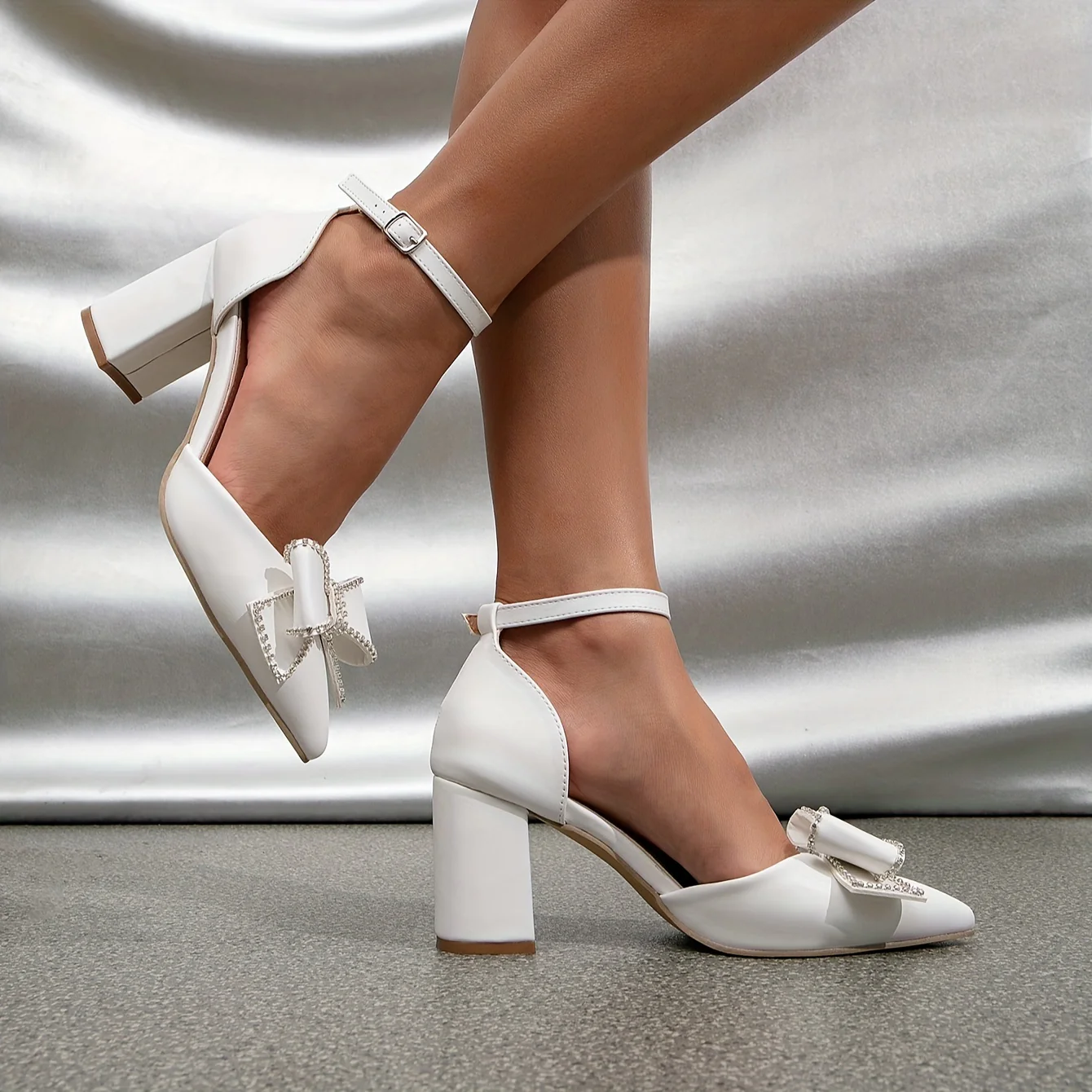 deanwangkt  Women's Rhinestone Bowknot Decor Sandals, Ankle Buckle Chunky Heel Elegant Shoes, Glitter Comfy Dress Shoes - Deanwangkt