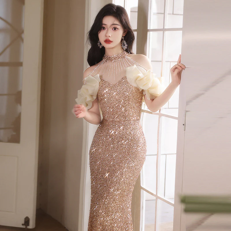 2025 Golden Evening Dress 2025 New Celebrity  Sequin Waist Fishtail Dress One Shoulder Banquet Art Examination Dress Dress - Deanwangkt