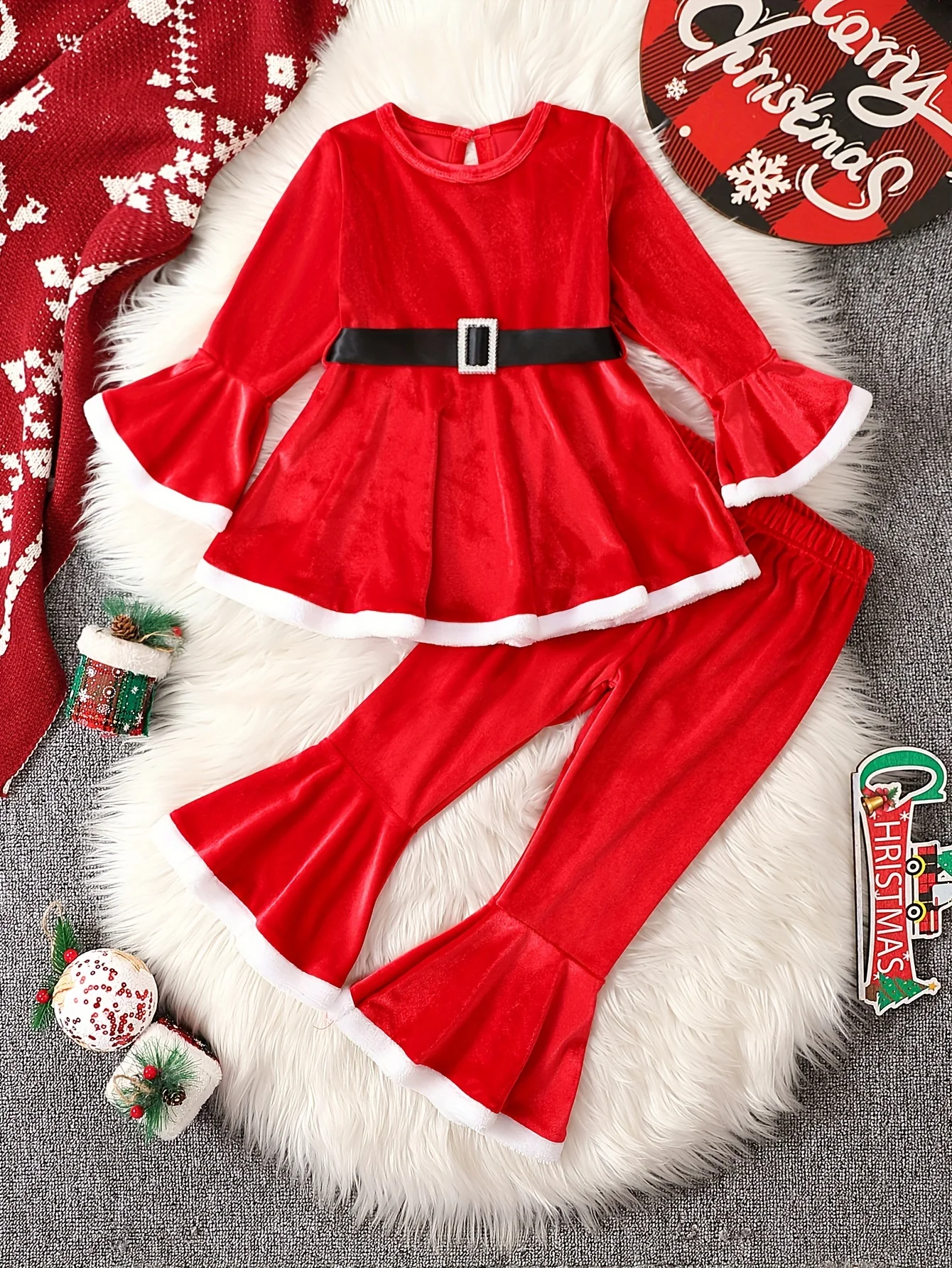 2 Pcs Toddler Girl's Christmas Outfit Set: Belted Peplum Top & Velvet Flared Pants, Santa Claus Dressed-up Clothes for Winter Fall - Deanwangkt