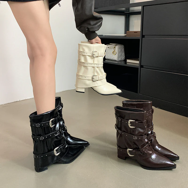 2025  Fashion Pants Boots popular Autumn and Winter New Square Head Slope Heel Temperament Sleeve Rivet Belt Buckle Fashion Boots Women - Deanwangkt