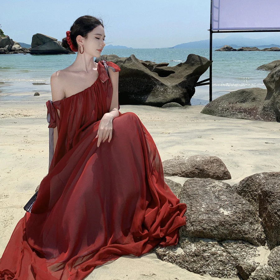 2025 niche slanted shoulder design sense super pendulum seaside vacation suspender skirt beautiful mesh super fairy strap dress - Deanwangkt