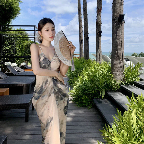 2025 New Chinese style ink painting suspender dress women's summer seaside vacation temperament slim and thin V-neck dress - Deanwangkt