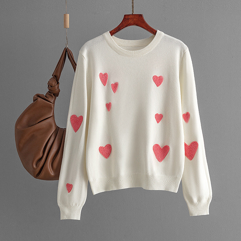 DEANWANGKT New autumn and winter new love flocking embroidery crew neck long sleeve knitted sweater pullover bottoming shirt top women - Deanwangkt