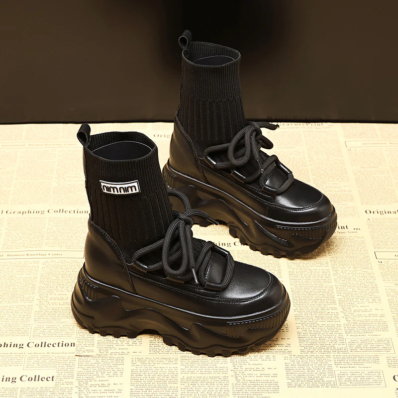 Martin Boots for Women Height Increasing Insole High-Top  Autumn and Winter Korean Style Muffin Bottom Cowhide Black Shoes One Piece Dropshipping Tide - Deanwangkt