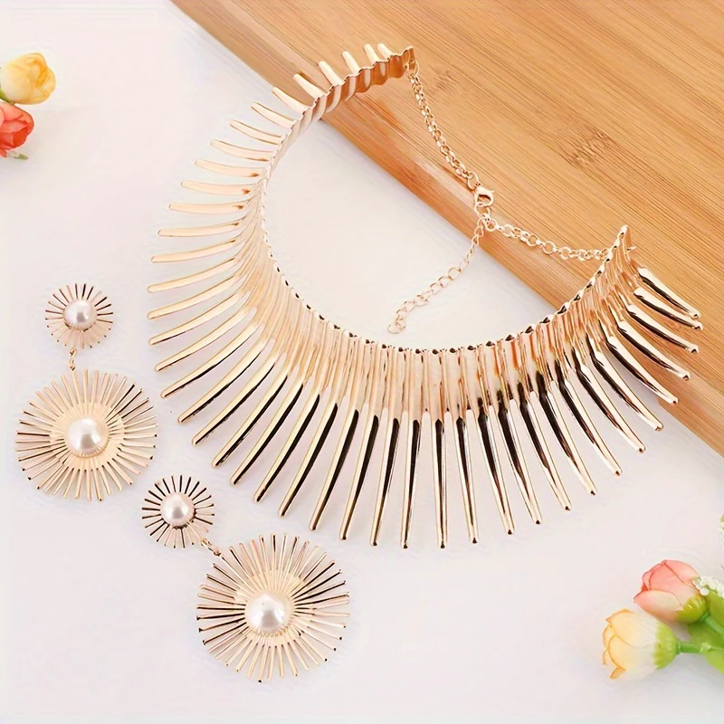 Fashionable And Exaggerated Blooming Sun Collar Necklace Drop Earring Set Women's Personalized Alloy Jewelry Accessories For Birthday, Festival, Party Engagement And Wedding Jewelry Gifts - Deanwangkt