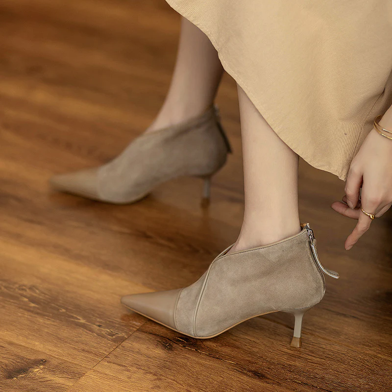 2025  Suede high-heeled short boots women's autumn and winter popular new pointed stiletto and ankle boots fashion boots high heels - Deanwangkt