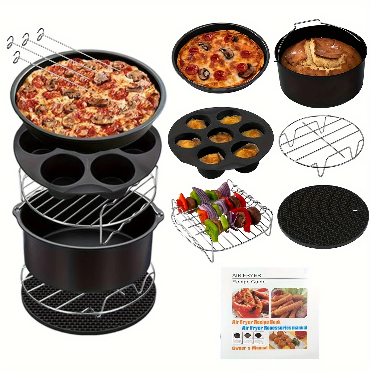 11pcs/set 8 Inch Air Fryer Accessories Kit - BPA Free, Dishwasher Safe, Nonstick Coating, Compatible with 3.7QT-6.8QT Deep Air Fryers, Includes Recipes Cookbook - Deanwangkt