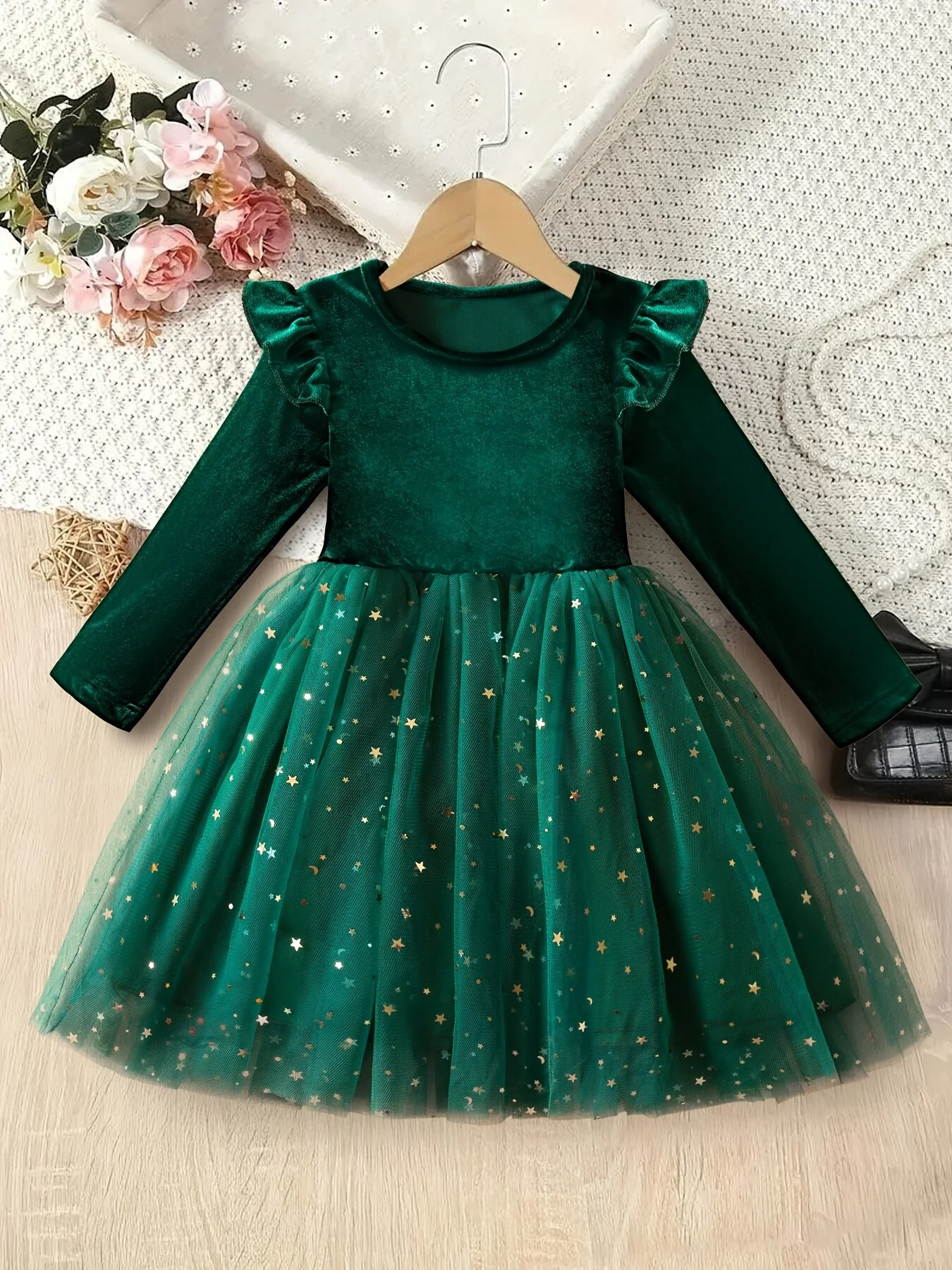 Girls' Elegant Long Sleeve Princess Dress, Cotton Blend with Mesh Contrast, Velvet Top, Perfect for Party, Holiday, Christmas - Spring/Fall Wear for Children Under 12 - Deanwangkt