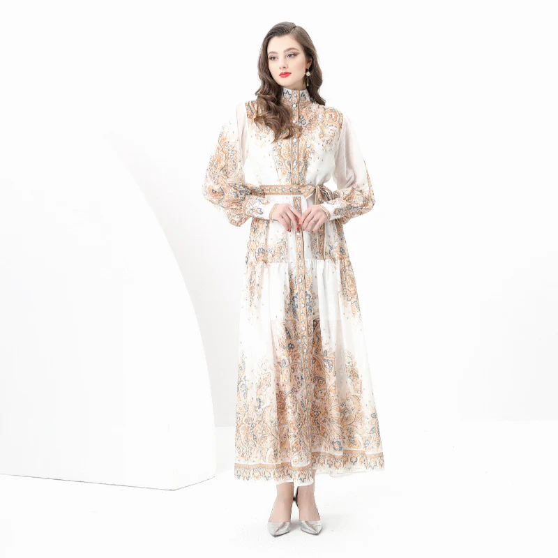 Court style high-end stand-up collar printed dress women's spring strap single-breasted design chic and beautiful long skirt - Deanwangkt