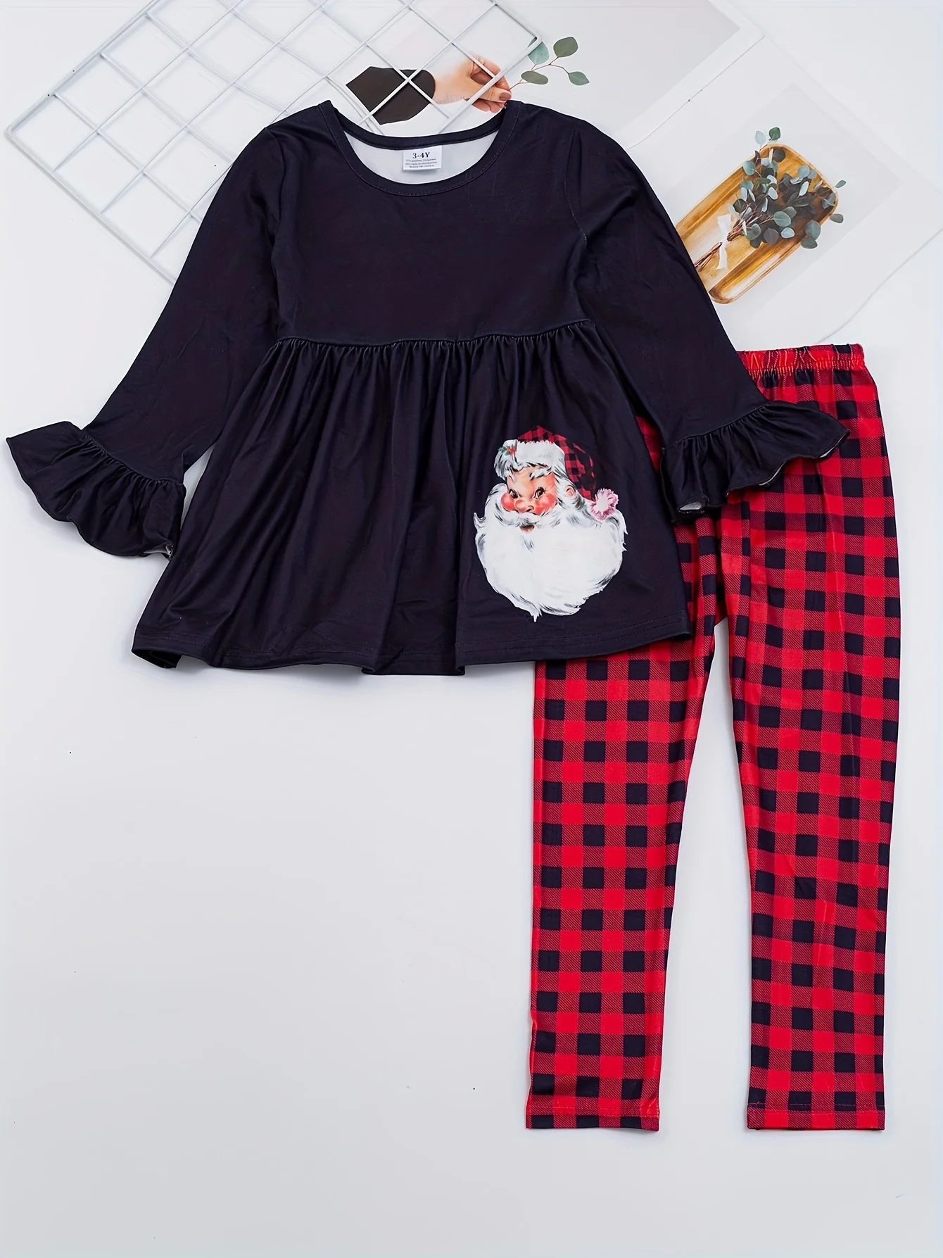 Christmas 2pc Cute Sets, Girls Santa Claus Print Flare Sleeve Top & Plaid Pants Kids Clothes For outdoor Party - Deanwangkt