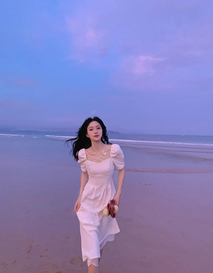 deanwangkt Square Collar White First Love Dress  Summer New Super Fairy Puff Sleeve Temperament Mid-Length Dress Women - Deanwangkt