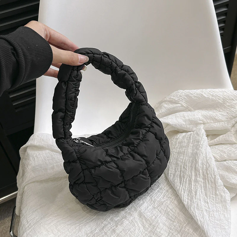 DEANWANGKT 2025 Korean version of fashion bubble grid handbag  new personalized embroidery thread mini cotton clothing bag personalized pleated cloud bag - Deanwangkt