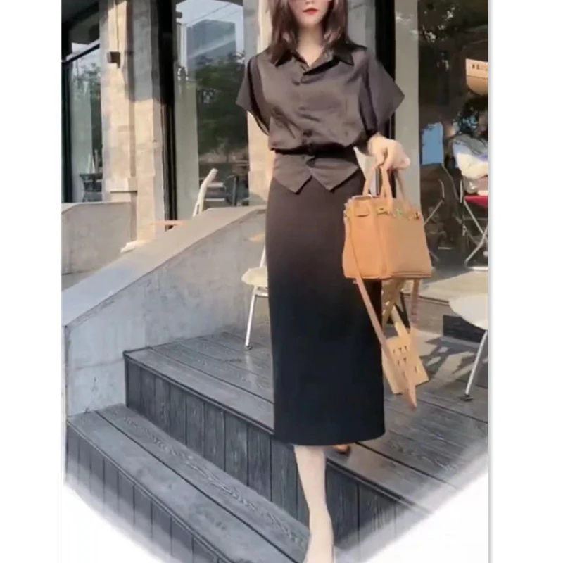 DEANWANGKT  22388 Big Love Beauty Yiyuan  Summer New Design Sense Lapel Shirt Sheath Skirt Slim Fit Slimming - Deanwangkt