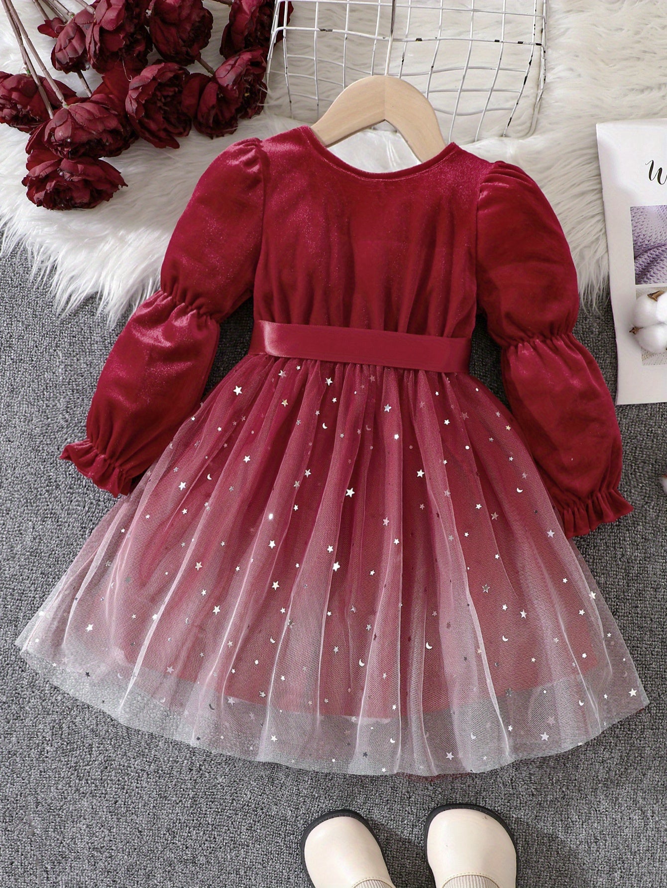 Girls' Gradient Mesh Christmas Velvet Stitching Lace-up Princess Dress For Autumn And Winter - Deanwangkt