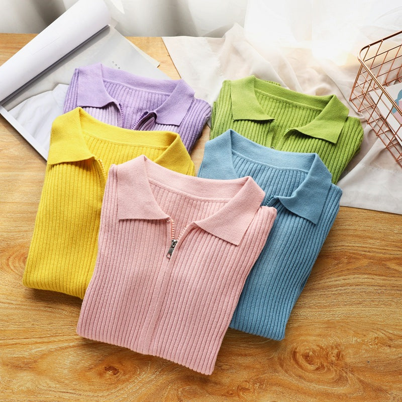 DEANWANGKT New new knitted bottoming shirt solid color slim top long sleeve polo collar women's short sweater autumn and winter - Deanwangkt