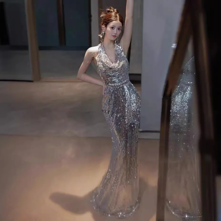 2025 Banquet evening dress  new silver sequined neck fishtail evening dress temperament bridal toast dress engagement dress - Deanwangkt