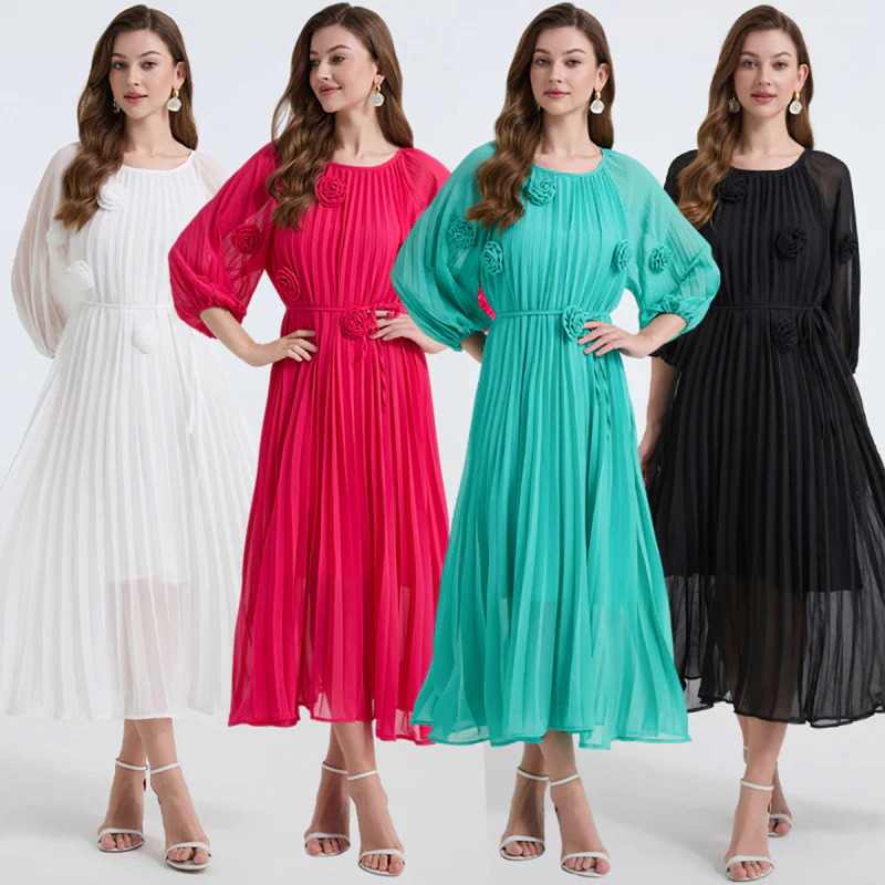 court style high-end lantern sleeve dress women's spring and summer straps three-dimensional flower pleated fairy dress - Deanwangkt