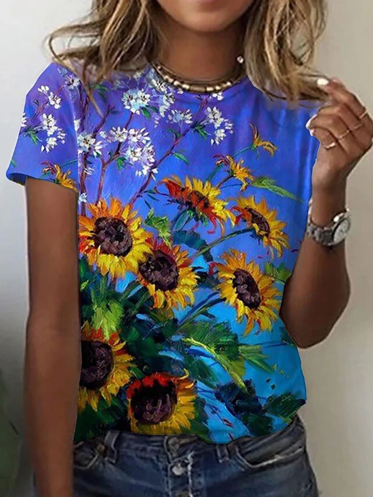 DEANWANGKT  European and American Women's Clothing Summer New Foreign Trade 3D Plant Flower Digital Printed round Neck Short Sleeve Women's T-shirt ME15 - Deanwangkt