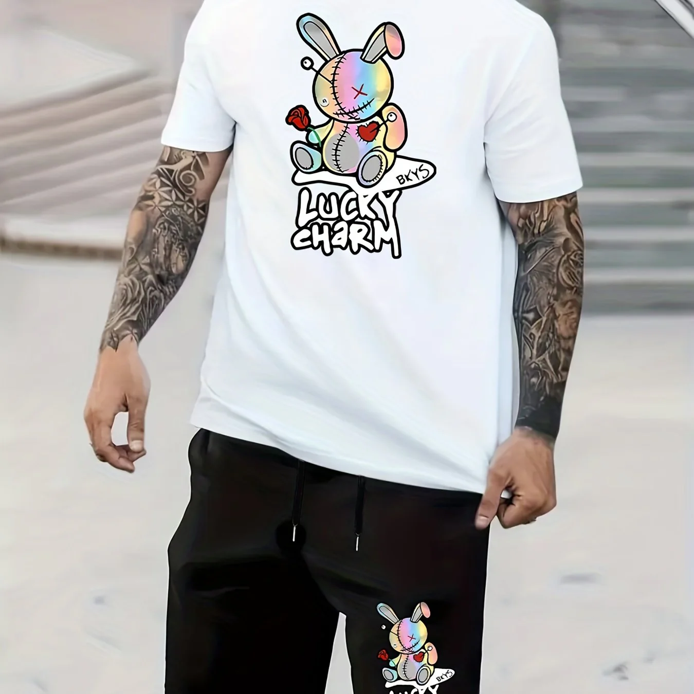 2pcs Mens LUCKY CHARM Loungewear Set - Fashion Bunny Doll Print T-Shirt & Drawstring Shorts with Pockets - Comfortable Casual Pajama Outfit for All-Day Wear - Deanwangkt