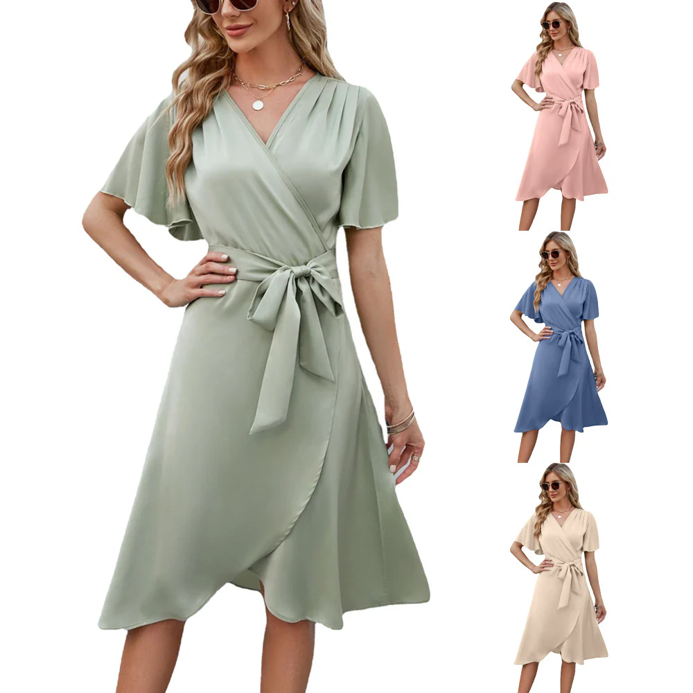 DEANWAQNGKT  Summer   Cross-Border European and American Women's Clothing Satin V-neck Fitted Waist Flare-Sleeve Comfortable Sexy Dress New - Deanwangkt