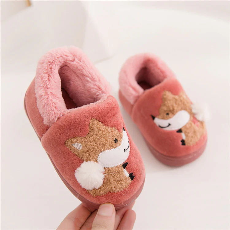 DEANWANGKT Boys and Girls Bag Heel Cartoon Fox Baby Fur Non Slip Cotton Slippers Winter Warm Children's Home Cotton Shoes - Deanwangkt