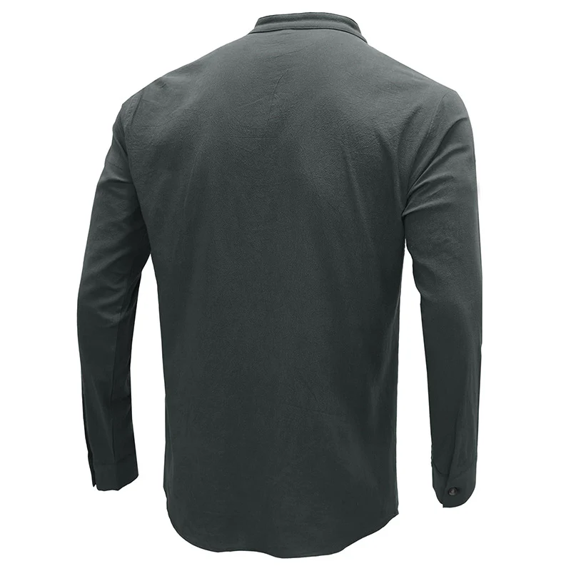 DEANWANGKT 2025 Cross-border men's shirts, autumn and winter  men's stand-up neck cotton and linen shirts, Popular trade long-sleeved Henry neck linen shirts - Deanwangkt