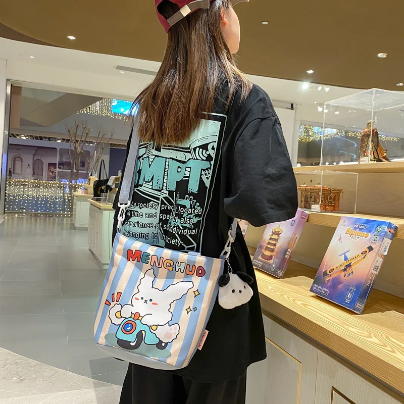 DEANWANGKT 2025 ins cute cartoon graffiti canvas bag Korean version bucket bag girl soft girl handbag shoulder messenger bag - Deanwangkt
