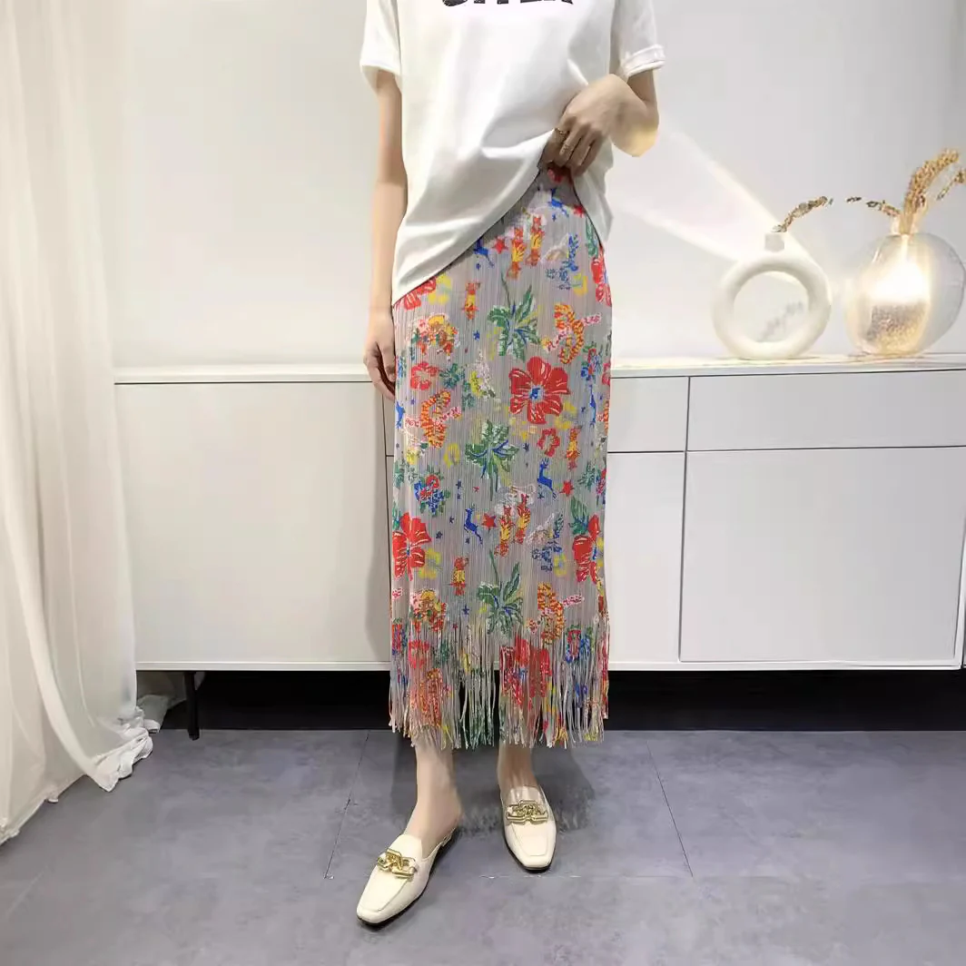 2025 2023 spring and summer new retro floral skirt women's niche design high-end fringed pleated medium and long skirt - Deanwangkt