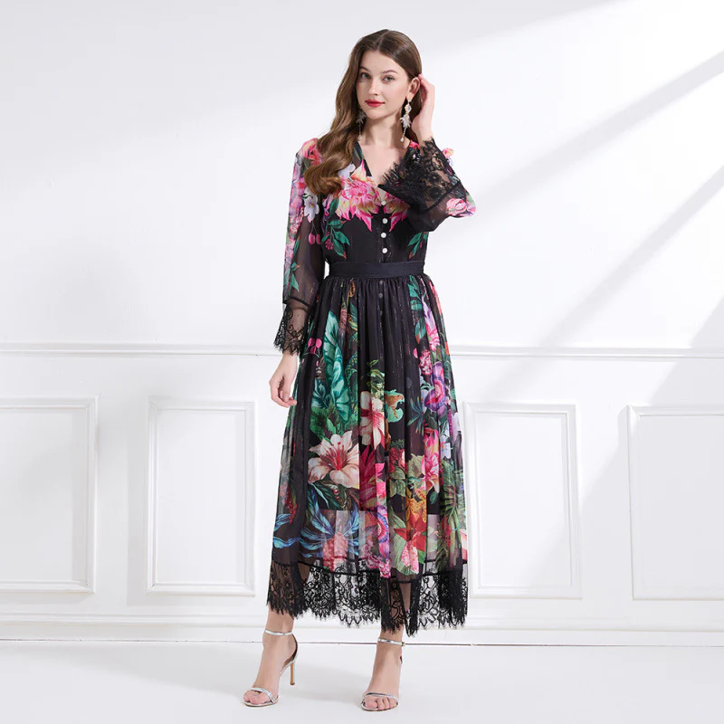 Popular trade women's clothing  holiday style V-neck lace printing set waist ruffle edge dress - three-piece set - Deanwangkt