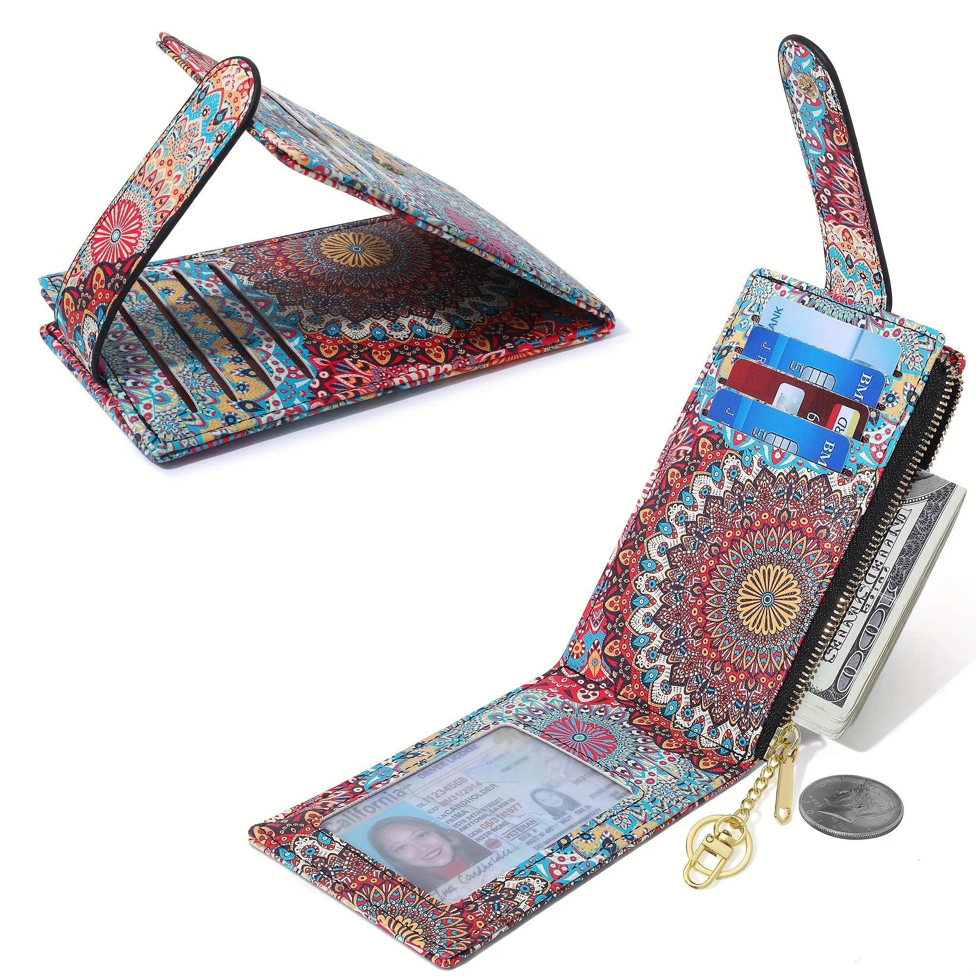 Slim RFID Blocking Bifold Wallet for Women - Secure Credit Card Holder with Zipper Closure, Multiple Slit Pockets, Polyester Lining, and Keychain - Casual, Random Printing Design, PU Material - Deanwangkt