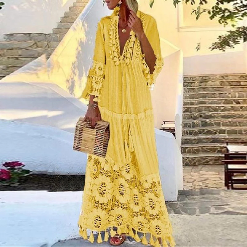 2021 spring and summer new bohemian style lace tassel splicing beach vacation temperament long dress dress - Deanwangkt