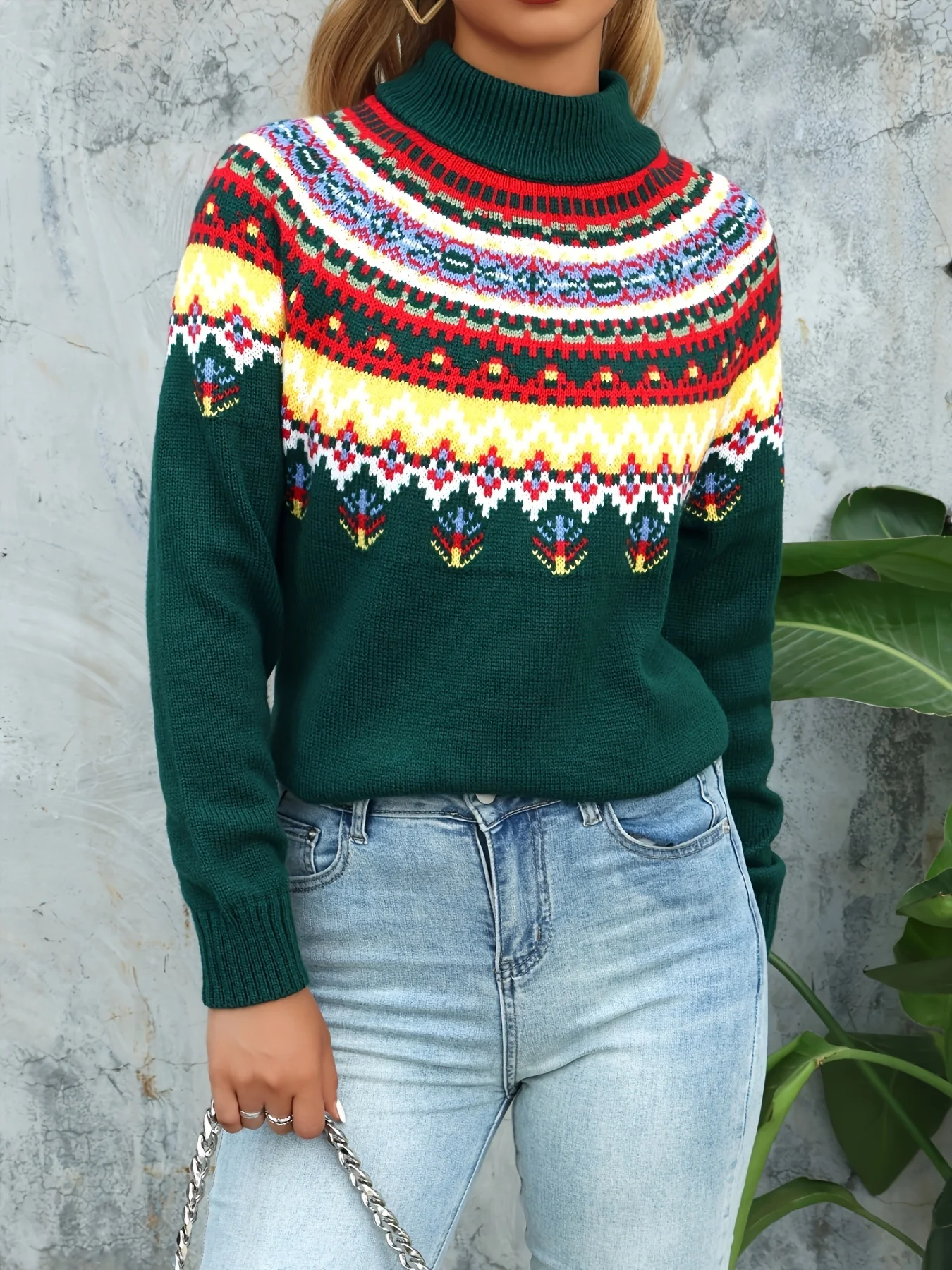 Women's Elegant Middle Eastern Style Acrylic Crew Neck Knit Pullover - Festive Snowflake & Wishing Tree Long Sleeve Sweater for Fall/Winter - Deanwangkt