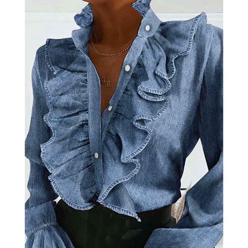 Women Elegant Ruffles Sexy V Neck Buttons Retro Denim Blue Long Sleeve Blouse Shirt Office Lady Spring Casual Slim Tops SJ5847M T200801 - Deanwangkt