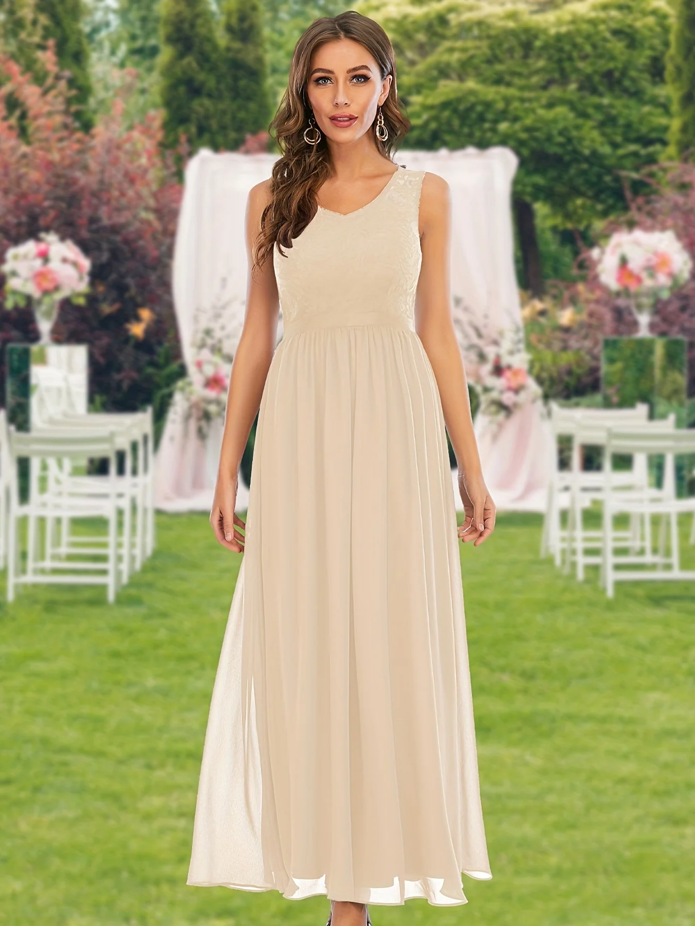 Alluring Solid Lace V-Neck Aline Dress - Timeless Sleeveless Design for Weddings & Special Occasions - Bridesmaids & Formal Events - Womens Clothing - Deanwangkt