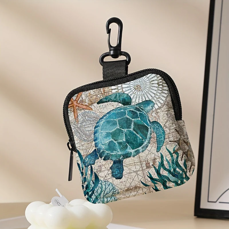 Multi-Pocket Turtle Print Hanging Coin Purse - Spacious Key Card Holder, Mini Earphone Storage Bag, Durable Polyester Material, Stylish Accessory for Daily Use - Deanwangkt