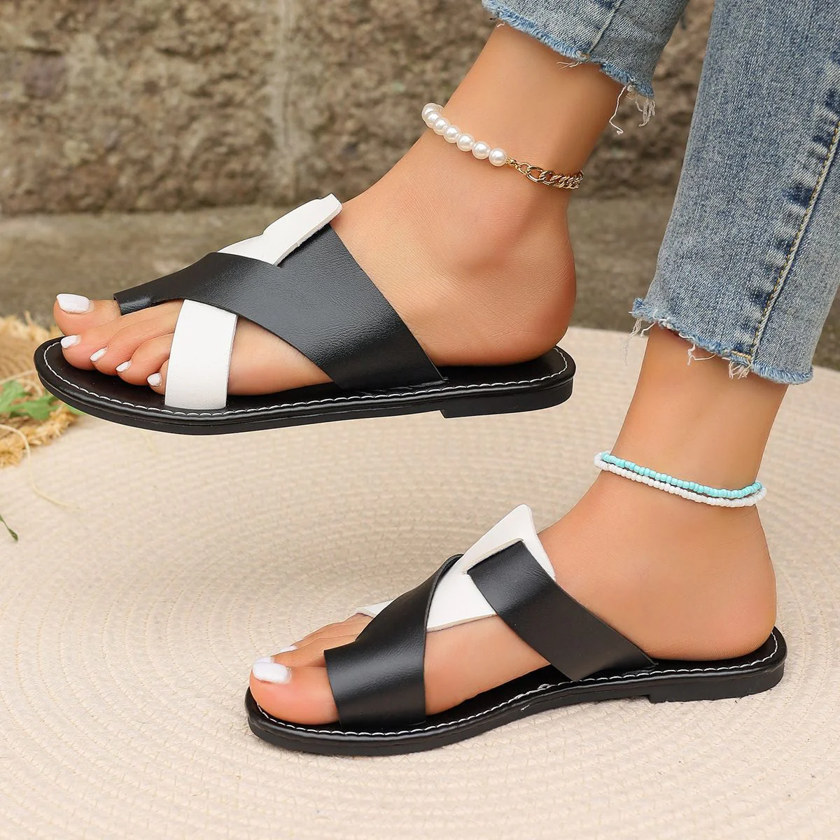DEANWANGKT  European and American  Summer Foreign Trade New plus Size Women's Shoes Toe Covering Flat Heel Leisure Light Brown Women's Sandals Wish - Deanwangkt