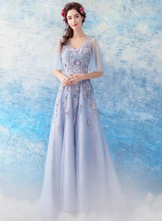 Solvbao Light Purple Tulle Flowers Lace A-line V-neckline Prom Dress,Purple New Party Dresses - Deanwangkt