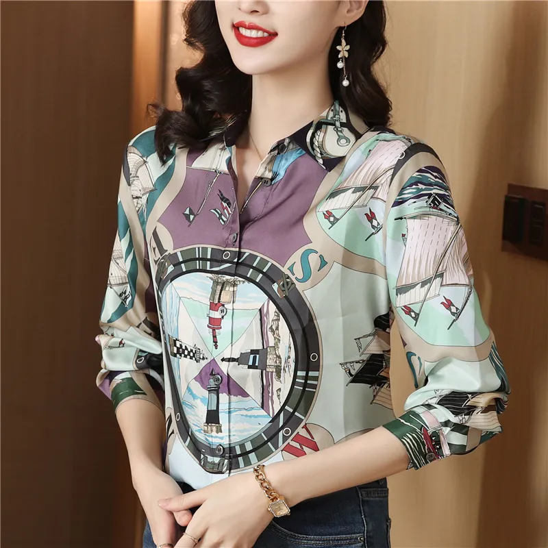 Printed Women Designer Lapel Shirts Silk Black Long Sleeve Elegant Fit Shirt Office Ladies Button Front Casual Satin Blouses Spring Fall Chic Slim Runway Tops - Deanwangkt