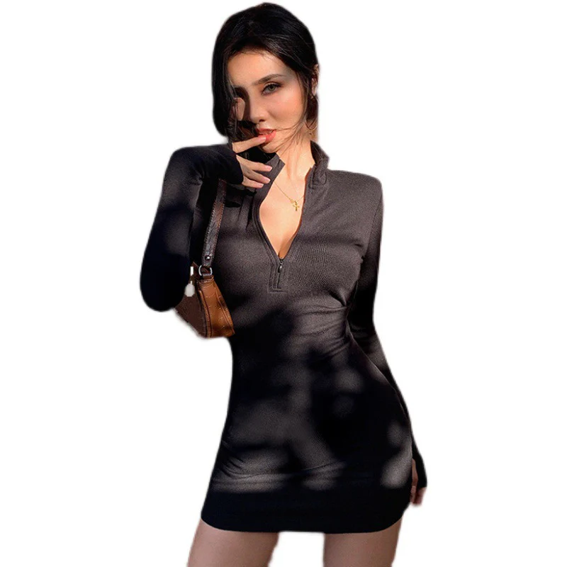 DEANWANGKT Europe and America Cross Border Foreign Trade Women's Clothing   Spring Long Sleeve Zipper V-neck Hip Slim Fit Sexy Dress - Deanwangkt