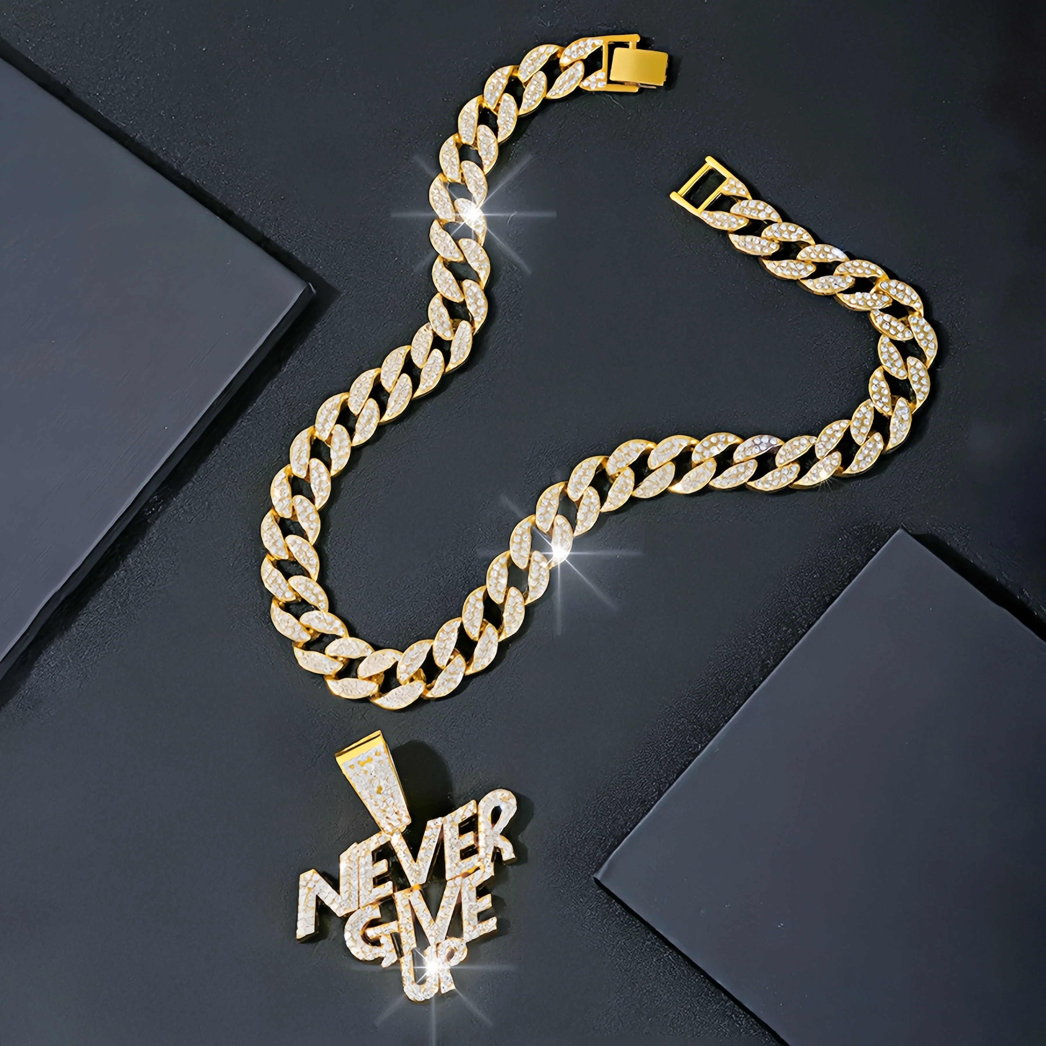 Never give up pendant hip hop Cuban chain necklace, chain length 18in wide 0.59in, gift box - Deanwangkt
